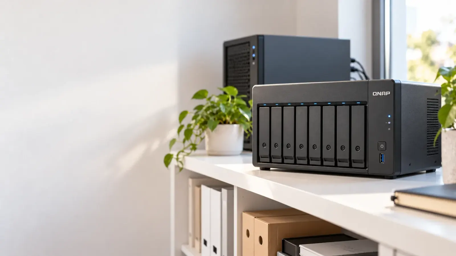 Archivio di rete con dischi in un ambiente tecnico ordinato