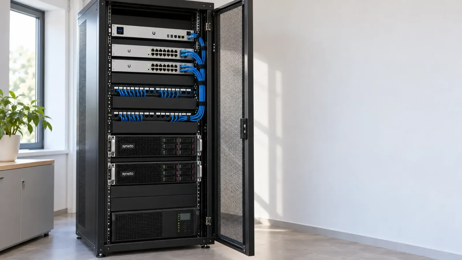 Armadio rack ordinato con apparati di rete in un piccolo locale tecnico