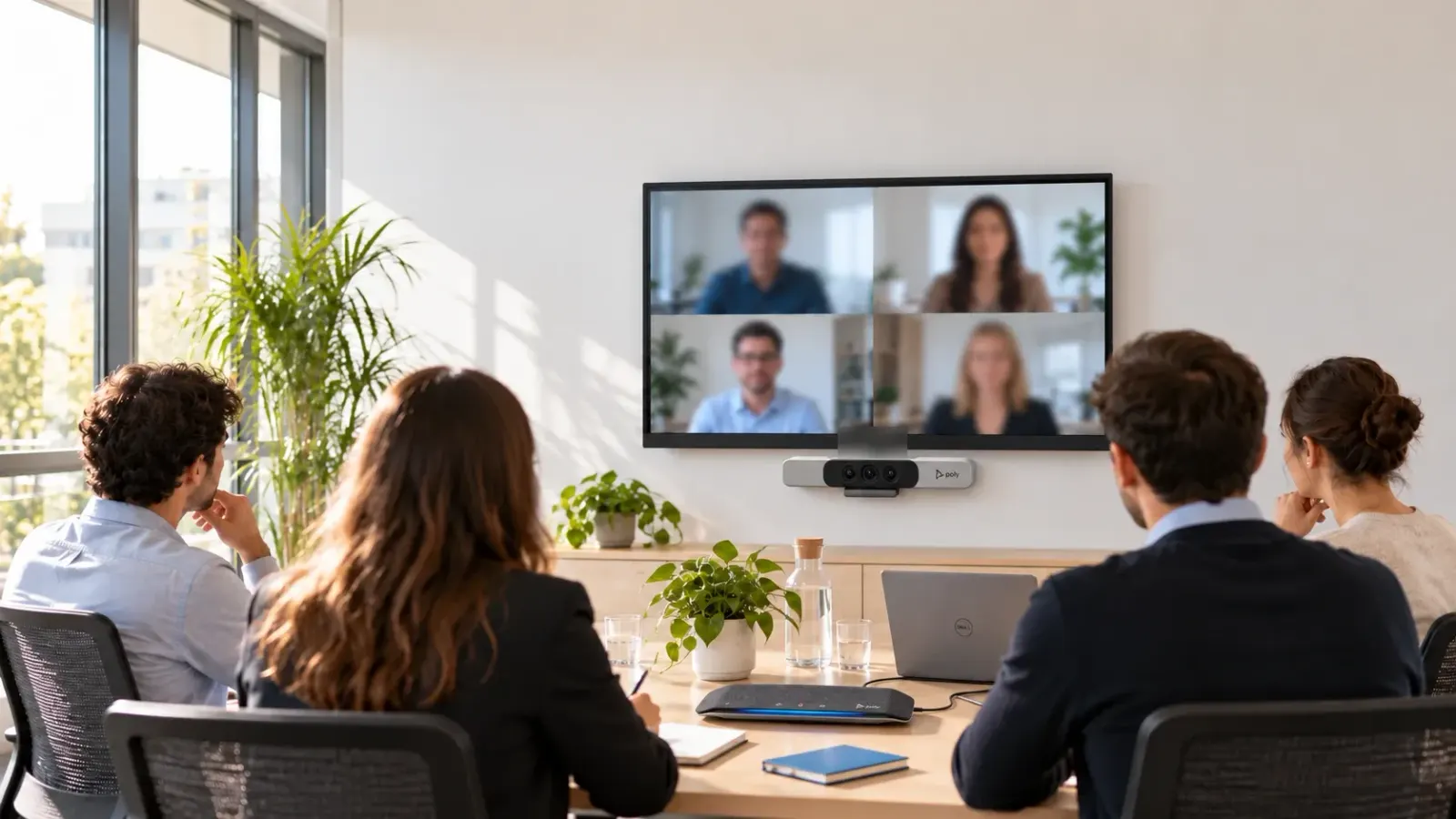 Sala riunioni con un grande display e una videoconferenza in corso