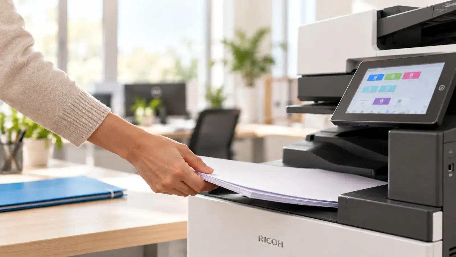 Mano che ritira i fogli appena stampati da un multifunzione in ufficio