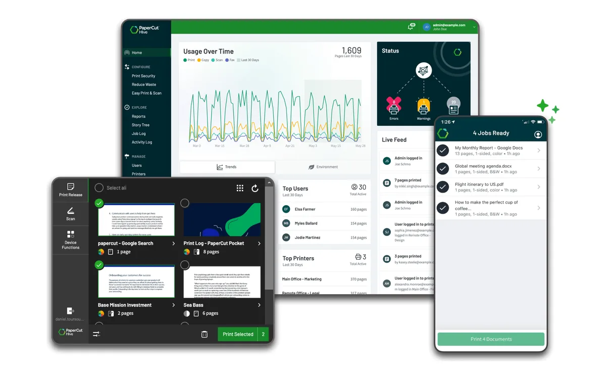 Interfaccia di PaperCut Hive su computer, pannello del multifunzione e telefono